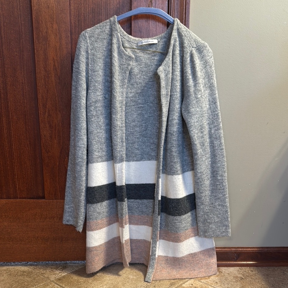 Elegant Gray Women's Cardigan with Stripes